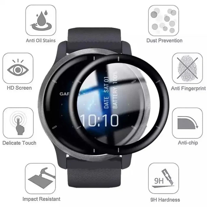 Pack of five Habicare screen protectors designed for Garmin Venu 2 smartwatch to prevent scratches and damage.