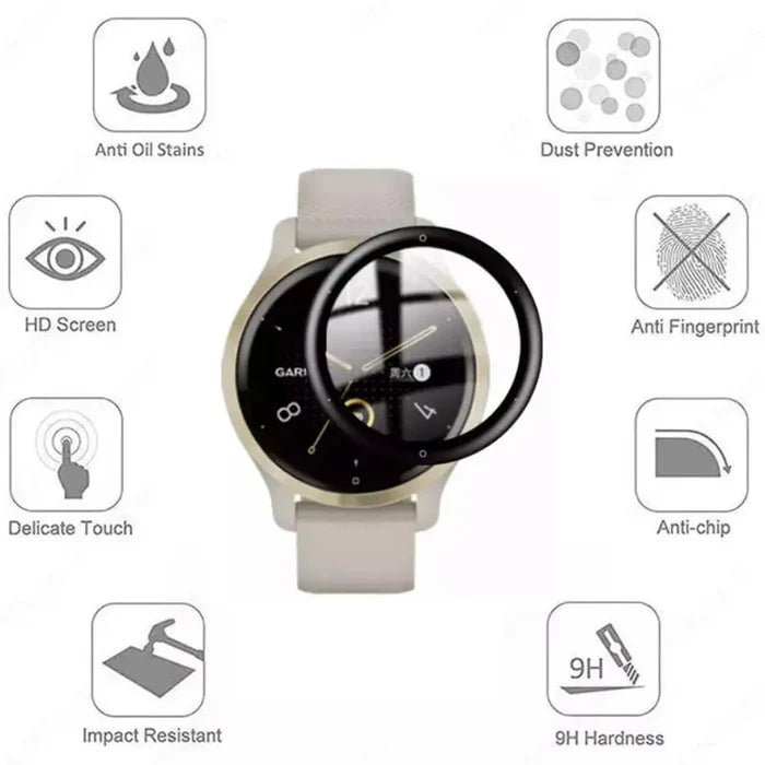Set of five Habicare screen protectors for Garmin Venu 2S smartwatch, showing clear, protective film on watch face.