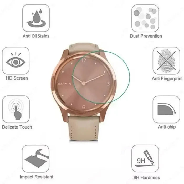 Set of five Habicare Garmin Vivomove Luxe watch screen protectors, clear protective covers for smartwatch screens.