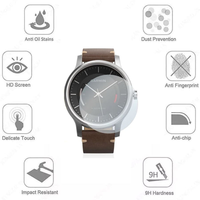 Pair of Garmin Vivomove watch screen protectors by That Watch Shop, clear safeguard for smartwatch screens.