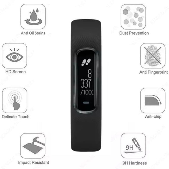 Pair of black Garmin Vivosmart 4 screen protectors by That Watch Shop, designed to shield the fitness tracker display.