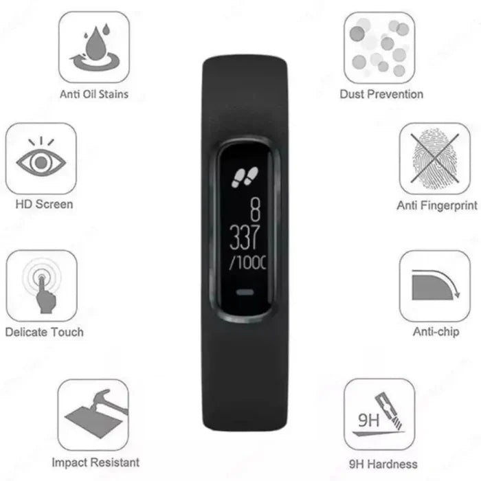 Set of five Habicare Garmin Vivosmart 4 screen protectors, clear watch screen protectors for Garmin Vivosmart 4 fitness tracker.