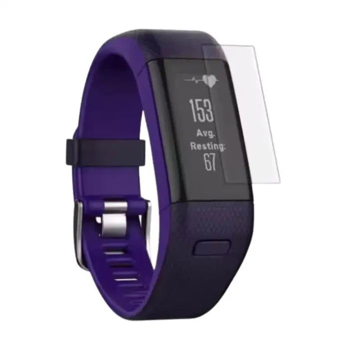 Set of five Habicare Garmin Vivosmart HR+ watch screen protectors showing clear, protective film on smartwatch display.