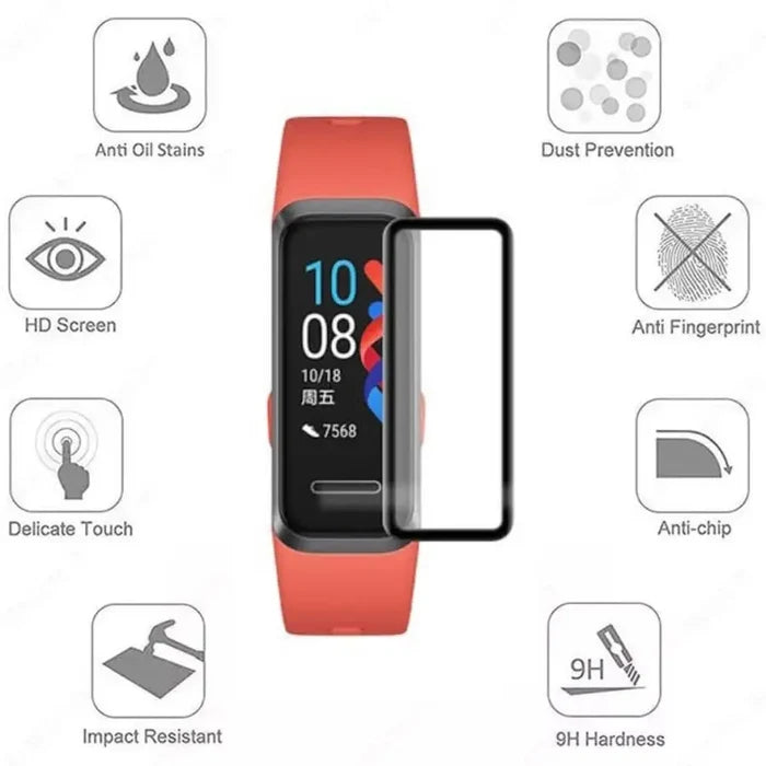 Set of five Habicare screen protectors for Huawei Band 4 Pro smartwatch, showing clear, protective film on watch face.
