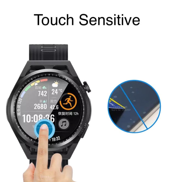 Pair of Huawei GT Runner watch screen protectors by That Watch Shop, clear protective films for smartwatch screens.