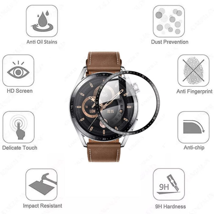 Pair of Huawei GT3 46mm watch screen protectors from That Watch Shop, clear and durable protection for smartwatch screens.