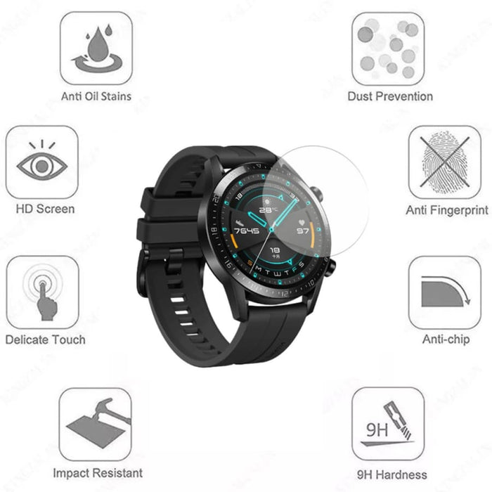 Pair of Huawei Watch GT 42mm screen protectors from That Watch Shop, showing clear, thin protective covers on watch screens.