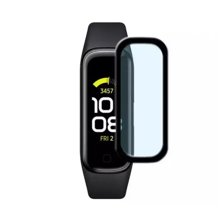 Set of five Habicare Samsung Galaxy Fit 2 watch screen protectors showing clear, protective film on smartwatch screen.