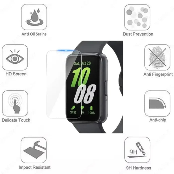 Set of five Habicare clear screen protectors for Samsung Galaxy Fit 3 smartwatch, provide durable protection and clarity.