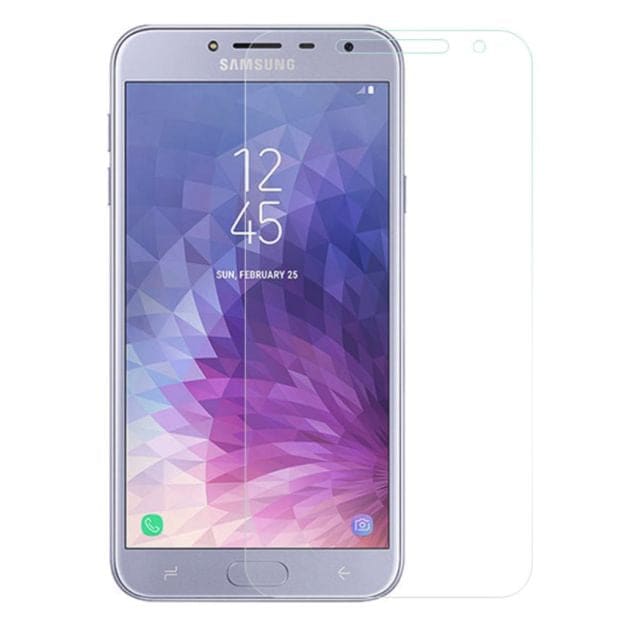 Two 9eight5 screen protectors for Samsung Galaxy J4 (2018), clear tempered glass protectors shown in the image.