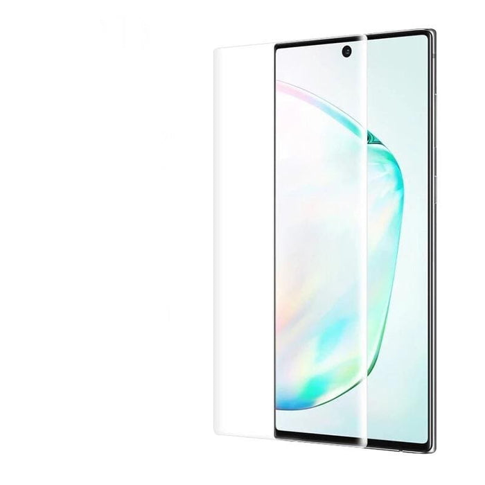 Two clear 9eight5 screen protectors for Samsung Galaxy Note 10 Plus, designed to protect the device's screen from scratches.