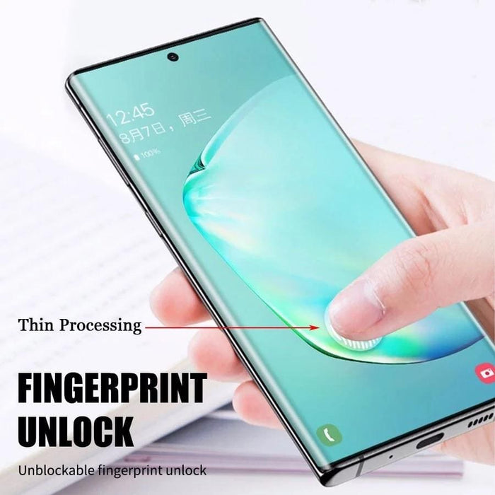 Clear screen protectors for Samsung Galaxy Note 10 Plus by 9eight5, shown in a pack of two, designed for full device protection.