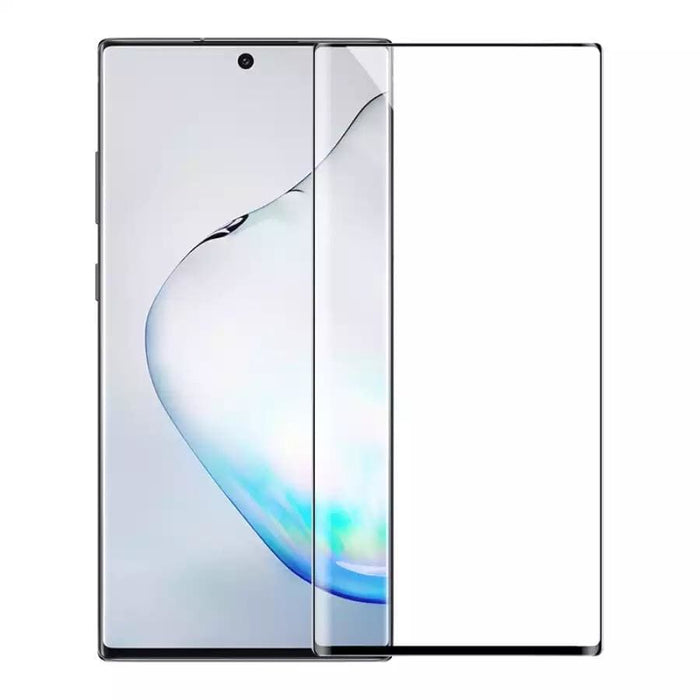 Two 9eight5 screen protectors for Samsung Galaxy Note 10 Plus, showing clear, durable tempered glass covers with precise cutouts.