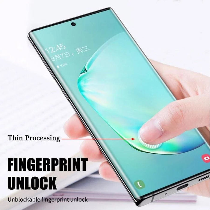 Two 9eight5 screen protectors for Samsung Galaxy Note 10 Plus, clear tempered glass shields with precise cutouts for phone protection.