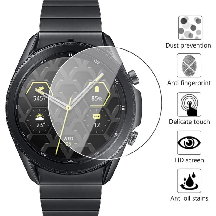 Black screen protectors for Samsung Galaxy Watch Gear S2, pack of 2, designed to shield smartwatch screens from scratches and damage.