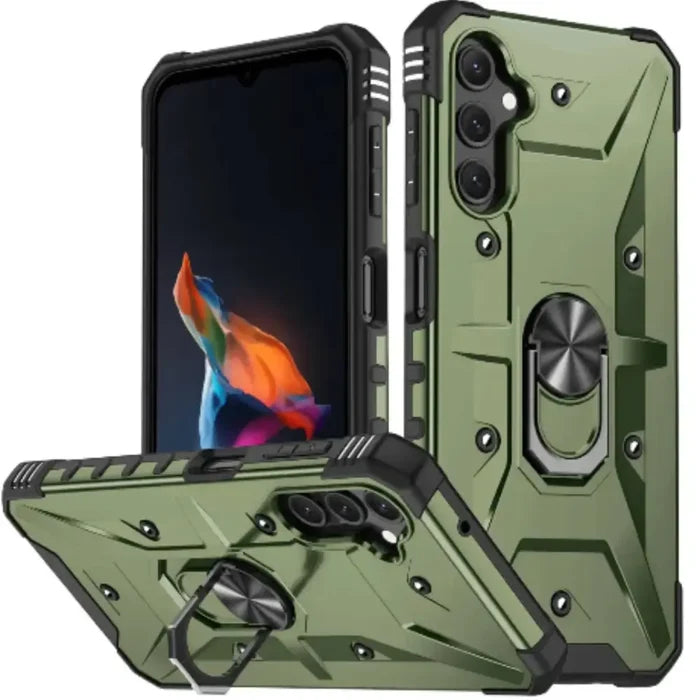 Green Shockproof Armor Case for Samsung Galaxy A and S Series by Habicare, with reinforced edges and textured grip.