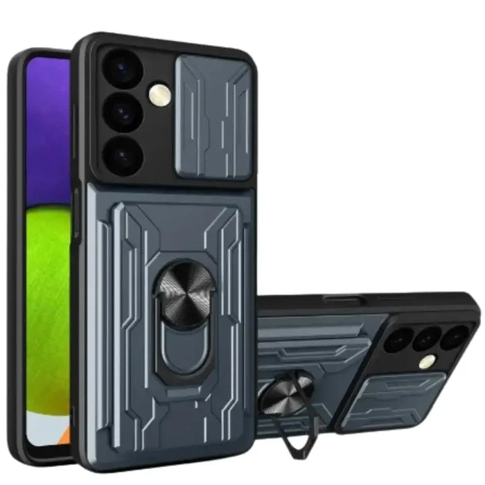 Gray Shockproof Card Slot Case for Samsung Galaxy Note and S Series by Habicare, featuring durable protection and card storage.