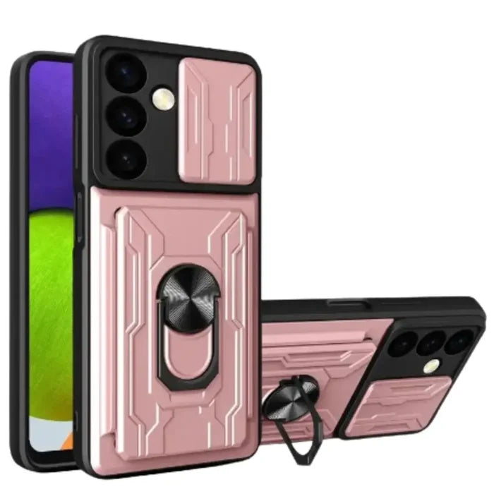 Habicare 9eight5 shockproof card slot case for Samsung Galaxy Note and S Series in elegant rose gold, showing protective design and card slots.