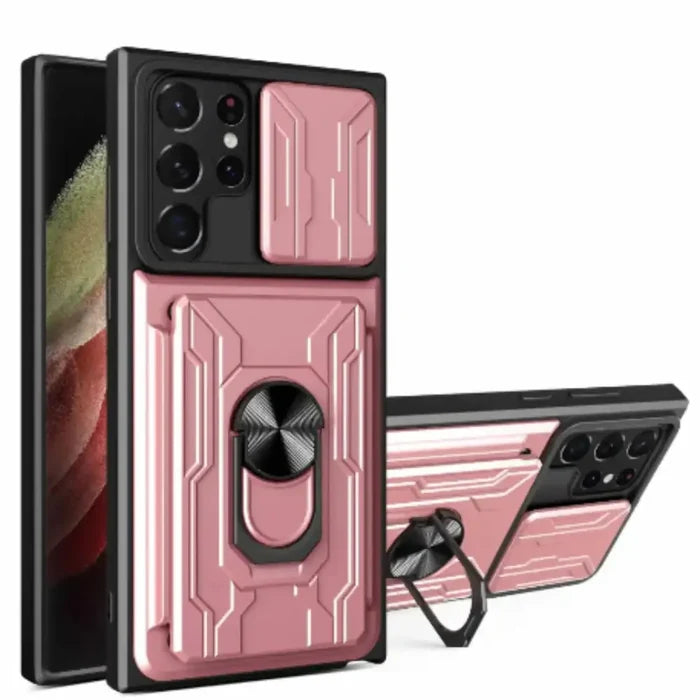 Habicare 9eight5 shockproof card slot case for Samsung Galaxy Note S Series in rose gold, with protective edges and card slots visible.