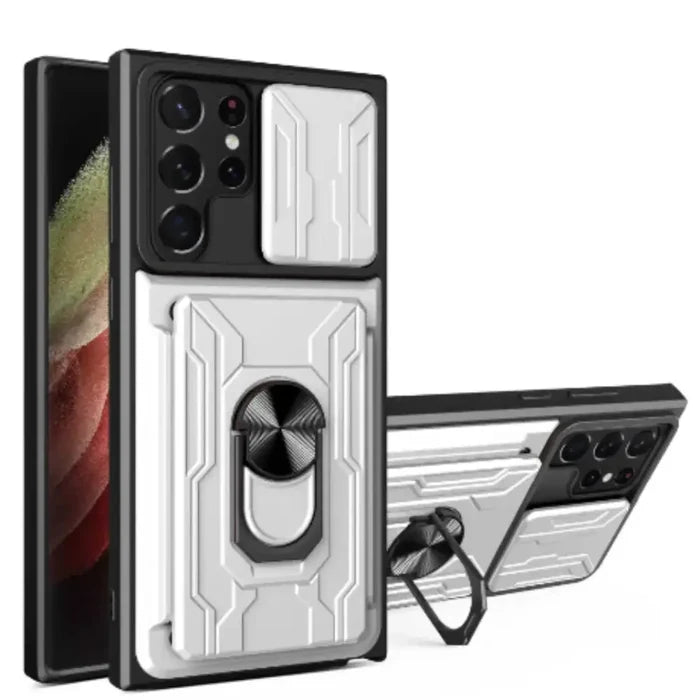 White Habicare 9eight5 shockproof card slot case for Samsung Galaxy Note and S Series smartphones, featuring card storage and durable protection.