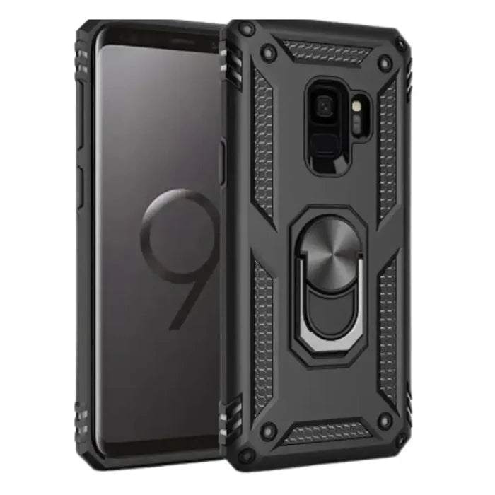 Black shockproof ring holder case for Samsung Galaxy by Habicare, designed for durability and secure grip.