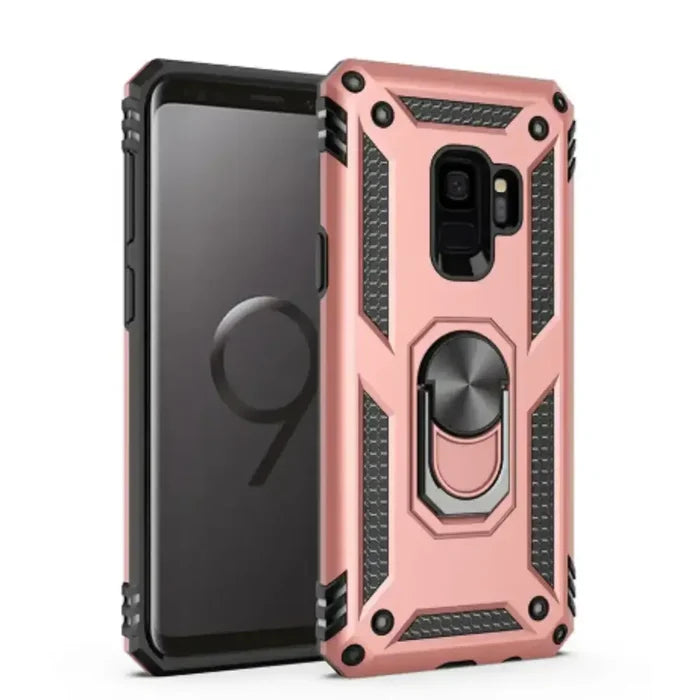 Pink Habicare 9eight5 shockproof ring holder case for Samsung Galaxy smartphones, featuring durable protection and a built-in ring stand.