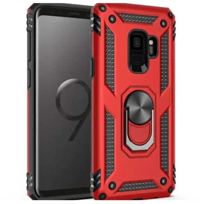 Red Shockproof Ring Holder Case for Samsung Galaxy by Habicare, featuring a durable design and built-in ring grip for secure handling.
