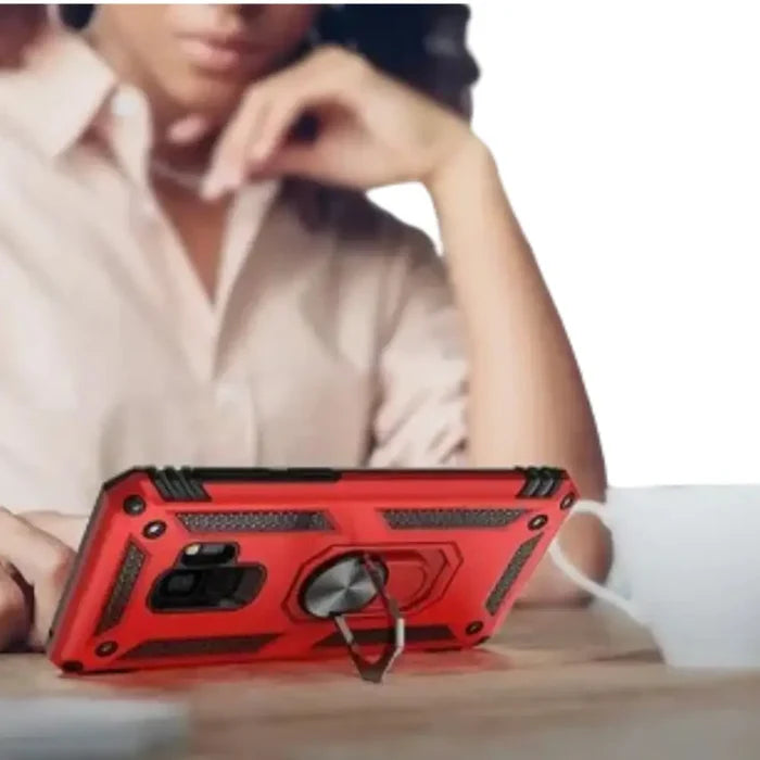 Red Shockproof Ring Holder Case for Samsung Galaxy by Habicare, featuring a durable protective design and built-in ring holder.