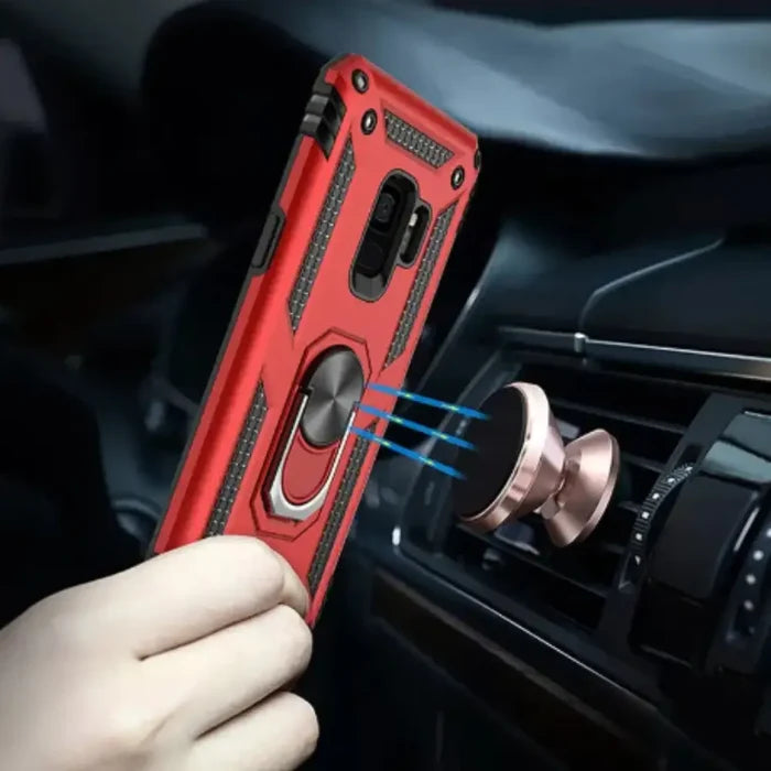 Red Shockproof Ring Holder Case for Samsung Galaxy by Habicare, featuring a durable design and built-in ring for secure grip.
