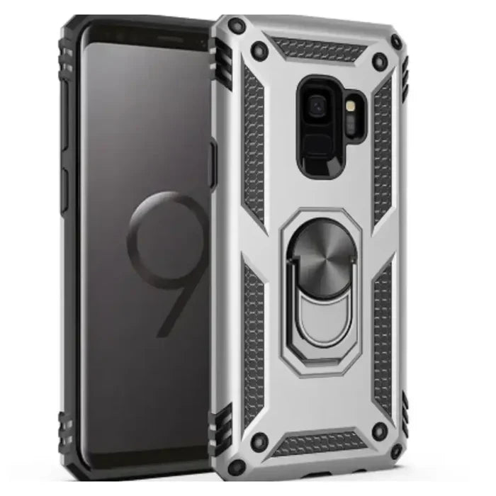 Silver Shockproof Ring Holder Case for Samsung Galaxy by Habicare, sturdy protective cover with ring grip for secure handling.