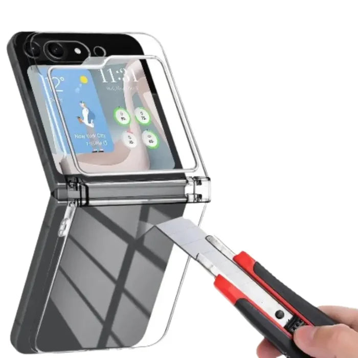 Transparent shockproof phone cover for Galaxy Z Flip 5 and 6 by 9eight5, providing protection and clear visibility.