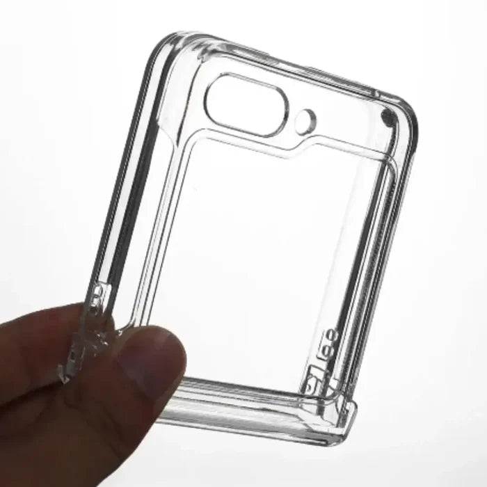 Transparent shockproof cover for Galaxy Z Flip 5 and 6, 9eight5 brand, providing durable protection for your smartphone.