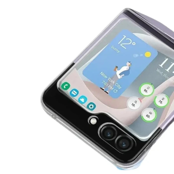 Transparent shockproof phone cover for Galaxy Z Flip 5 and 6 by 9eight5, offering protection and clear visibility.