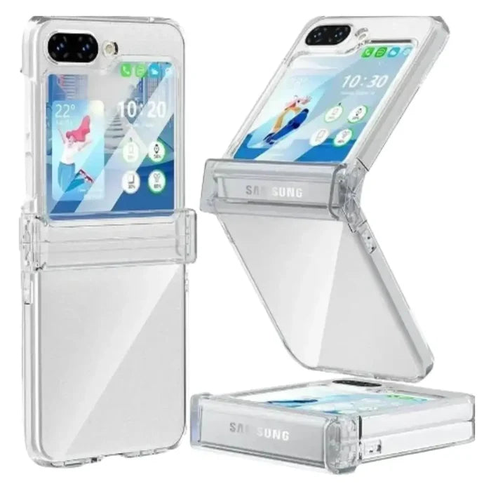 Clear shockproof cover for Galaxy Z Flip 5 and 6 by 9eight5 from Habicare, showing the protective transparent case.