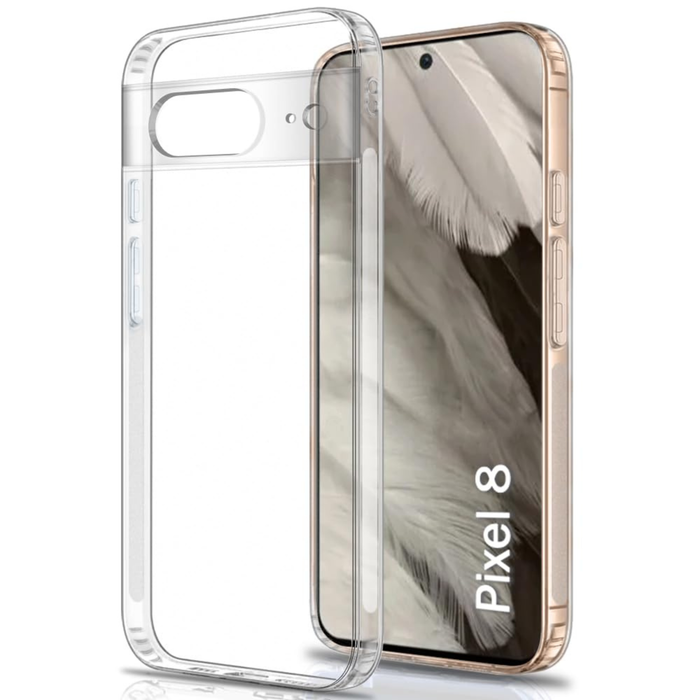 Clear silicone case for Google Pixel 8 with integrated screen protector, by 9eight5, showing the slim protective design.