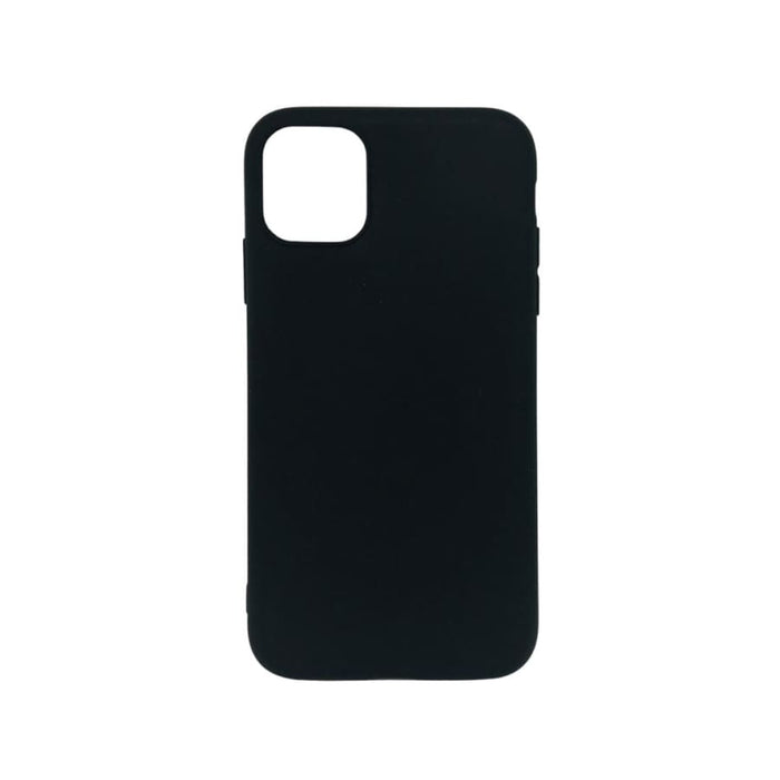Black silicone case for iPhone 11 by 9eight5, showing the protective cover with precise cutouts for buttons and camera.