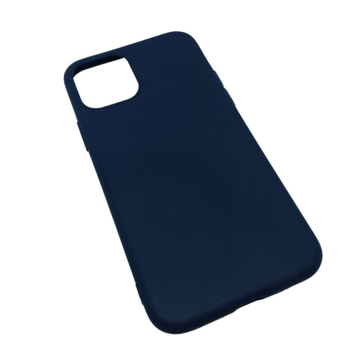 Navy blue silicone iPhone 11 Pro case by 9eight5, showing smooth, flexible protective cover fitting the device with precise cutouts.