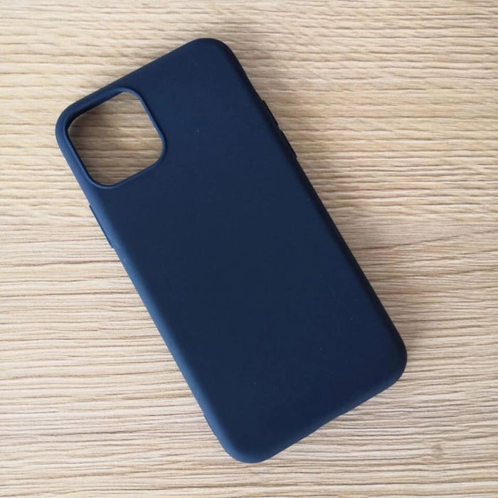 Navy blue silicone phone case for iPhone 11 Pro by 9eight5, showing snug fit and smooth texture.