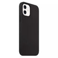 Black silicone phone case for iPhone 12 and iPhone 12 Pro, designed by 9eight5, showing a snug fit and smooth texture.