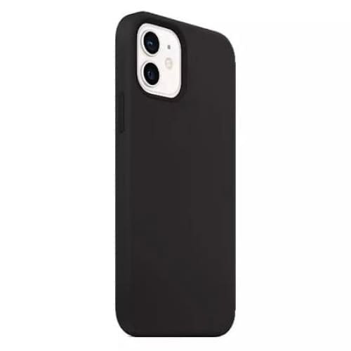 Black silicone phone case for iPhone 12 and iPhone 12 Pro, designed by 9eight5, showing a snug fit and smooth texture.