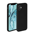 Black silicone phone case for iPhone 12 and 12 Pro by 9eight5, showing the smooth, flexible design on a sleek device.