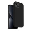 Black silicone case for iPhone 14 (6.1-inch) by 9eight5, showing a snug fit and smooth texture on the phone.