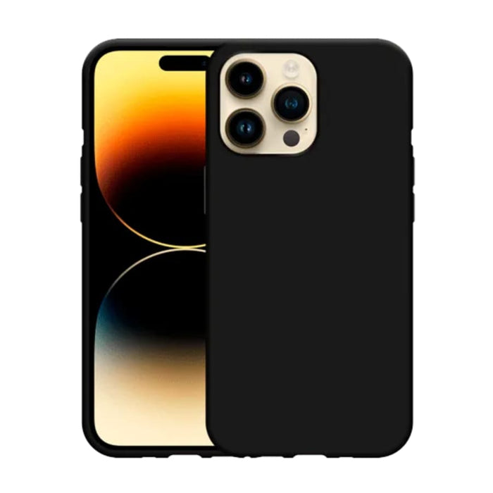 Black silicone case for iPhone 14 Pro Max 6.7-inch by 9eight5, showing the sleek, protective phone cover with precise cutouts.
