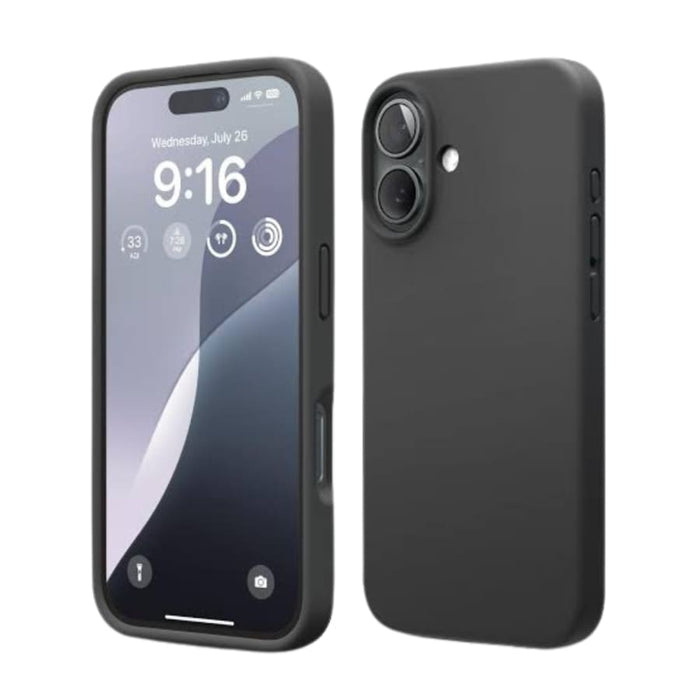 Black silicone case for iPhone 16 (6.1-inch) by 9eight5, showing the snug fit and smooth texture of the protective phone cover.