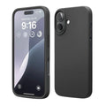 Black silicone case for iPhone 16 Plus (6.7”) by 9eight5, showing a sleek protective phone cover with smooth finish.