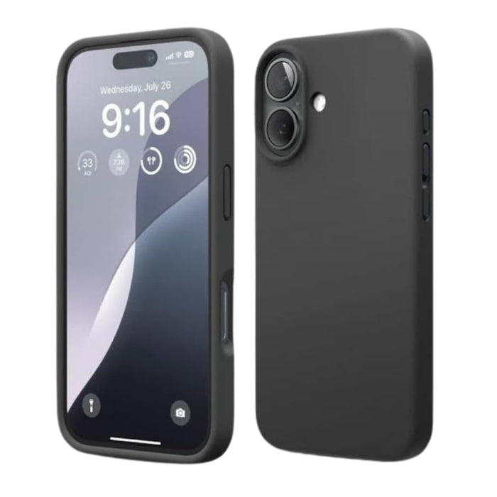 Black silicone case for iPhone 16 Plus (6.7”) by 9eight5, showing a sleek protective phone cover with smooth finish.