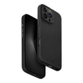Black silicone case for iPhone 16 Pro Max (6.7”) by 9eight5, showing a snug fit and smooth texture on the phone.