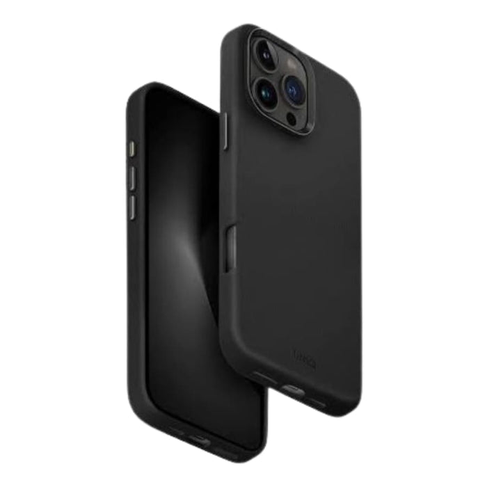 Black silicone case for iPhone 16 Pro Max (6.7”) by 9eight5, showing a snug fit and smooth texture on the phone.