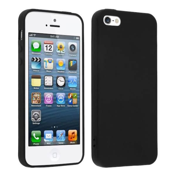 Black silicone case for iPhone 5/5s/SE by 9eight5, showing a snug fit and smooth texture on the device.
