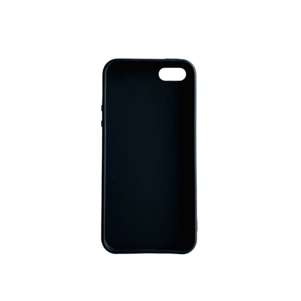 Black silicone case for iPhone 5/5s/SE by 9eight5, showing the snug fit and smooth texture on the phone.